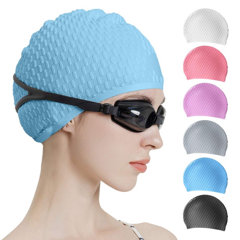 Tripsky Silicone Swim Cap,Comfortable Bathing Cap Ideal for Curly Short Medium Long Hair, Swimming Cap for Women and Men, Shower Caps Keep Hairstyle Unchanged (Blue) - Image 1